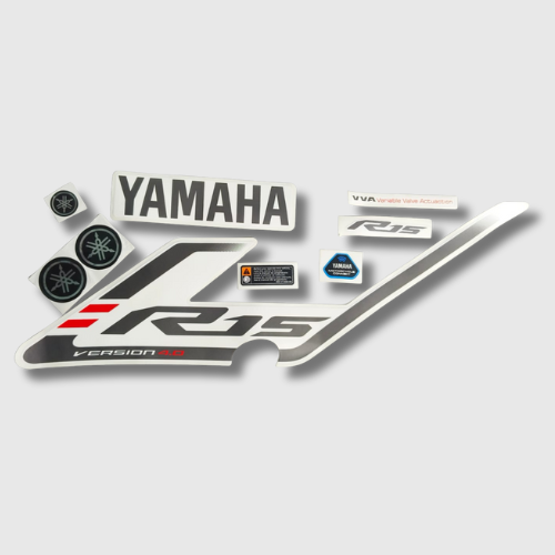 Sticker Set for Yamaha R15 V4 White Tank – OEM-fit decals for sporty and stylish tank upgrade.