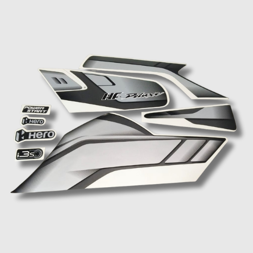 Black and Grey Sticker Set for Hero HF Deluxe E20 (2023), long-lasting graphics for a refreshed and stylish look.