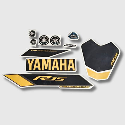 Stckr Set for Yamaha R15 V4 ABS VVA Black/Gold Tank, durable and premium graphics for a sporty look.