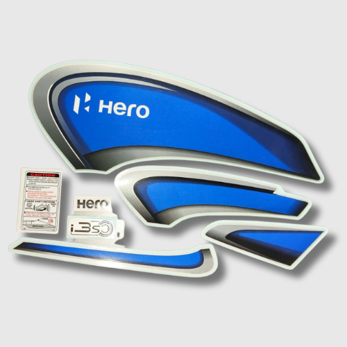 Silver and Blue Sticker Set for Hero Splendor Plus BS6 E20, durable graphics for a clean, refreshed appearance.
