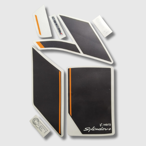 Black and Grey Sticker Set for Hero Splendor Plus Xtec 2.0 – durable, stylish graphics for a refreshed appearance.
