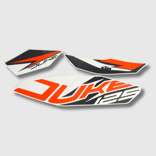 Stckr Set for KTM Duke 125 T1 White Tank, durable and stylish graphics for a sleek appearance.