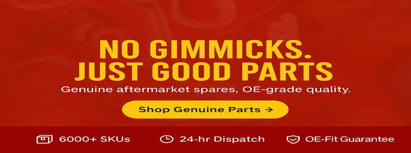 NV Agencies hero banner showing assorted genuine two-wheeler spare parts with 24-hour dispatch across India badge